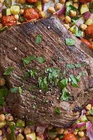 Greek Flank Steak And Veggie Salad Recipe Beef Recipes Sheet Pan Dinners Round Steak Recipes