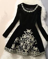 Handmade Black Velvet Embroidered Long Sleeve Dress Long Sleeve Embroidered Dress Fashion Long Sleeve Dress