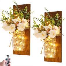 Check spelling or type a new query. Amazon Com Rustic Wall Sconces Mason Jar Sconces Handmade Wall Art Hanging Design With Remote Control Led Fairy Lights And White Peony Farmhouse Kitchen Decorations Wall Home Decor Living Room Lights Set Of Two