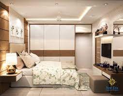 Master Bedroom With Broad Wooden Board Panel Modular Wooden Study Table And False Led Lit Ceiling By Nagesh Katke
