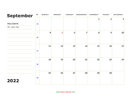 Free Download Printable September 2022 Calendar Large Box Holidays Listed Space For Notes