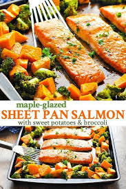 Sheet Pan Dinner Maple Glazed Salmon With Sweet Potatoes Recipe Sheet Pan Dinners Recipes Health Dinner Recipes Baked Salmon Recipes