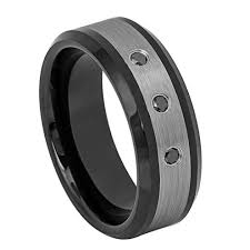 Tungsten 8mm Black Gunmetal Three 3 Stone Ring With Black Diamonds Black Diamond Wedding Bands Tungsten Wedding Rings Diamond Tungsten Wedding Bands