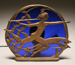 Spanora Deco Lamp Cast Metal Frame Depicting Diana With Cobalt Glass Insert Art Deco Lamps Art Deco Lighting Art Deco Architecture
