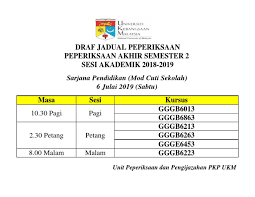 Berikut adalah takwim cuti persekolahan dan juga cuti perayaan untuk tahun 2019 yang telah diumumkan oleh kementerian pendidikan malaysia. Lampiran 1 Draf Jadual Peperiksaan Sarjana Pendidikan Mod Cuti Sekolah Sem 2 1819 Pdf
