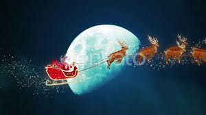 Globe interior features a christmas tree and santa claus in his sleigh guided by 2 reindeer. Santa Claus Riding Reindeer Sleigh On Sky Crossing Moon Youtube
