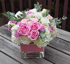 Sweet Flower Arrangement With Pinks And Whites Hydrangeas Roses Spray Roses Mini Carnations Eucalyp Flower Arrangements Valentines Flowers Flower Delivery