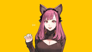 Catgirls are found in various fiction genres and in particular japanese anime and manga. Wallpaper Cat Girl Nekomimi Cat Ears Animal Ears Fantasy Girl Hair Accessories Pink Hair Bangs Pink Eyes Portrait Smiling Looking At Viewer Sweater Cleavage Fangs Frontal View Yellow Background Simple Background