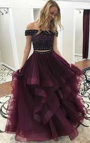 Two Piece Off The Shoulder Tiered Beaded Burgundy Tulle Prom Dress Evening Dresses Prom Prom Dresses Two Piece Cute Prom Dresses