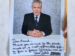 That works out to a little over $217,000 per day of work, or just under $44,000 per episode. Alex Trebek Makes Kelowna Woman S Day With Hand Signed Photo And Note Vancouver Sun