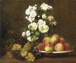 Everything but peaches and roses. Fantin Latour Victoria White Roses In A Vase With Peaches And Grapes On A Table Mutualart