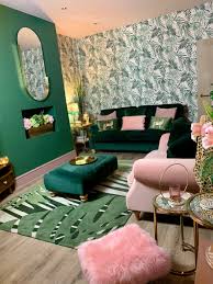 Green Velvet Sofa And Pink Velvet Snuggle Chair In 2020 Green Living Room Decor Pink Living Room Living Room Green