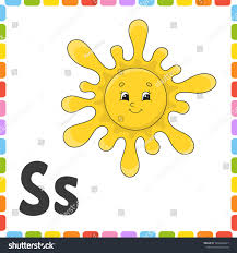 Funny Alphabet Letter S Sun Abc Square Flash Cards Cartoon Character Isolated On White Background For Kids E Lettering Alphabet Learning Letters Letter S