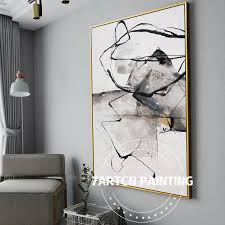 Acrylic Painting Modern Canvas Painting Ideas For Living Room Canvas Acrylic Painting Modern Abstract Black White Framed Etsy Linear Art White Frames Wall White Art Painting