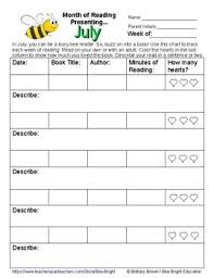 Weekly Reading Chart Log Record Sheet Month Of July English Summer