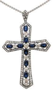 18 Karat White Gold Diamond And Sapphire Cross Pendant Necklace 14 Carat Sapphire Cross Pendant Antique Pendant Cross Pendant Necklace