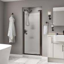 Basco is a leading manufacturer of glass shower doors and enclosures, sliding shower doors, custom shower doors. Delta Lyndall 36 In X 64 3 4 In Semi Frameless Contemporary Pivot Shower Door In Bronze With Rain Glass 2406475 The Home Depot