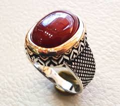 Liver Agate Dark Red Carnelian Aqeeq Natural Semi Precious Stone Two Tone Man Ring Sterling Silver 925 Bronz Rings For Men Rocker Jewelry Sterling Silver Rings
