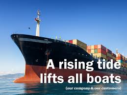 The aphorism a rising tide lifts all boats is associated with the idea that improvements in the general economy will benefit all participants in that economy. A Rising Tide Lifts All