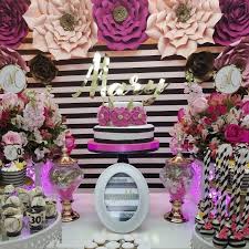 Black And White Striped Backdrop With Flowers Kate Spade Inspired Dessert Table Black White Stripes Backdrop And Paper Flowers By Deco Rent Event Decor Birthday Photoshoot Bridal Shower
