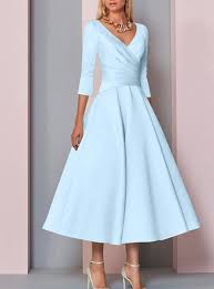 A Line Mother Of The Bride Dress Elegant Vintage Plus Size V Neck Tea Length Satin 3 4 Length Sleeve With Pleats 2020 Mother Of The Groom Dresses 2020 Us 113 In 2020