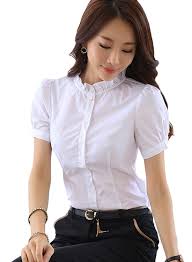 Chouyatou Women S Casual Ruffle Collar Fitted Puff Short Sleeve Dress Shirts X Small White Casual Ruffle Short Sleeve Dress Shirt Casual Women