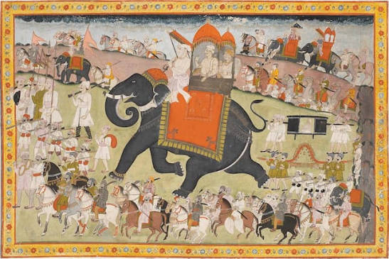 Bonhams : Rao Shatrujit of Datia (reg. 1762-1801) riding on an elephant in an extensive procession with noblemen and attendants Datia, circa 1800