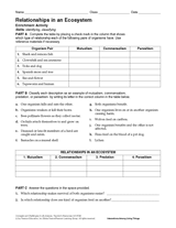 Answer the following questions below on your own paper or type them in a word document. Activity Relationships In An Ecosystem Science Printable 6th 12th Grade Teachervision