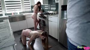 Half naked stepsister and her hot GF do cleaning before hardcore threesome  sex