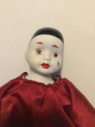 VINTAGE PORCELAIN PIERROT SAD CLOWN RAG DOLL
