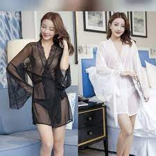 Ada pilihan warna putih dan hitam. Acl1061 Sexy Lingerie Robe Kimono Transparan Baju Tidur Sleepwear Shopee Indonesia