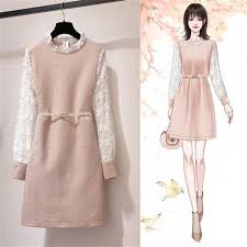 Ichoix Woolen Winter Dress Lace Sleeve Elegant Pink Women Dress Casual Midi Dress Pearl Belt Cute Long Sleeve Di 2020 Gaya Model Pakaian Model Pakaian Gaya Berpakaian