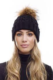 Raccoon Fur Pom Pom Cable Knit Bobble Hat In Black Fur Bobble Hat Bobble Hats Knitted Hats