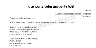 Chantons En Eglise Tu As Porte Celui Qui Porte Tout V44 77 Cordin L Emmanuel