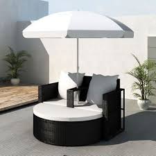 Vidaxl Lounge Set Poly Rattan Black Sunbed Parasol Garden Outdoor Umbrella Clearance Patio Furniture Patio Furniture Cushions Wicker Patio Furniture