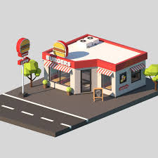 Cartoon Low Poly Fast Food Restaurant 3d Asset In 2020 Low Poly Character Low Poly Low Poly Art