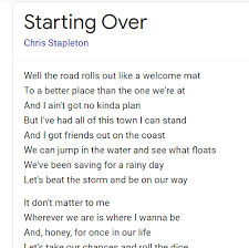 13.11.2020 · as an album title, starting over can't help but carry connotations of an artistic rebirth, but three or four albums into his solo stardom, chris stapleton is in no position to rip it up and start again. Have You Truly Listened To The Lyrics Of Starting Over General Discussion The Dyrt Forums