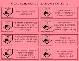 Good mix of questions to make you think and laugh! More Mealtime Conversation Starters Flanders Family Homelife