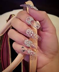 Stiletto Black And Clear Nails Crystal Clear Nails With Gemstones Crystal Nails Clear Acrylic Nails Swarovski Nails