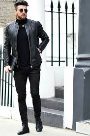 Men S Black Quilted Leather Bomber Jacket Black Turtleneck Black Skinny Jeans Black Leather Chelsea Boots Black Outfit Men Mens Outfits Mens Casual Outfits