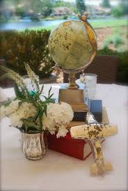 Cute Centerpiece With Books Globes And Planes Weddingideastematic Travel Theme Bridal Shower Travel Bridal Showers Travel Theme Wedding