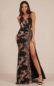 First Dance Maxi Dress In Black Rose Gold Sequin Showpo Gold And Black Dress Sequin Evening Dresses Formal Occasion Dress