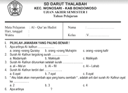 Assalammualaikum adik adik kelas v sd/mi, nah adik adik tengah mencari soal soal uts, kebetulan kakak menyediakan beberapa soal uts untuk adik adik kelas v sd/mi, soal ini kakak ambil dari mata pelajaran qur'an dan hadist semester ganjil, kakak menyediakan sekitar 30 soal yang mana terdiri dari soal pilihan ganda dan soal essay, semangat mengerjakan ya. Soal Uas Pas Qur An Hadits Kls 5 Mi Semester 1 File Guru Now