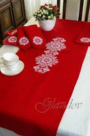 Red Table Runner With Embroidered Ornament 6 Napkins Tablecloth Holiday Table Runner Table Cloth Table Runners