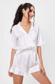 Nasty Gal Womens Satin Ruffle Pajama Shirt And Shorts Set Cream Shopstyle
