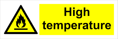 The sign do has a triangular shape, black pictogram on yellow background and black edging. Hazard Sign High Temperature Products Traconed