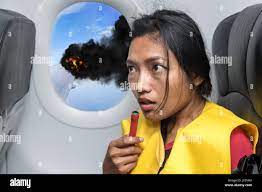 Mujer De Miedo En El Avion Escuchando Instrucciones Para La Supervivencia El Pasajero En El Avion Vestido Con Chaleco Salvavidas Fotografia De Stock Alamy