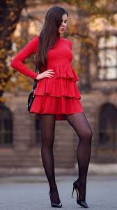 Red Dress With Flounces Black Tights And High Heels As First Seen On Blog Help I Have Nothing To Wear Red Dress W Fashion Tights Red Mini Dress Mini Skirts