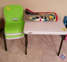 A folding table top, 36 height, small footprint for storage and a decent price. Child Size Lifetime Folding Card Table 24 Square And 4 Kids Lifetime Chairs Melissa And Doug Estate Personal Property Personal Property Online Auctions Proxibid