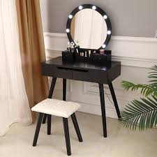 Wondruz makeup mirror vanity mirror with lights, 1x 2x 3x magnification, touch screen switch, dual power supply, portable trifold makeup mirror cosmetic lighted up mirror. Ktaxon Vanity Set With Round Lighted Mirror Makeup Dressing Table With 8 Light Bulbs Cushioned Stool Set Bedroom Vanities Set Black Walmart Com Walmart Com